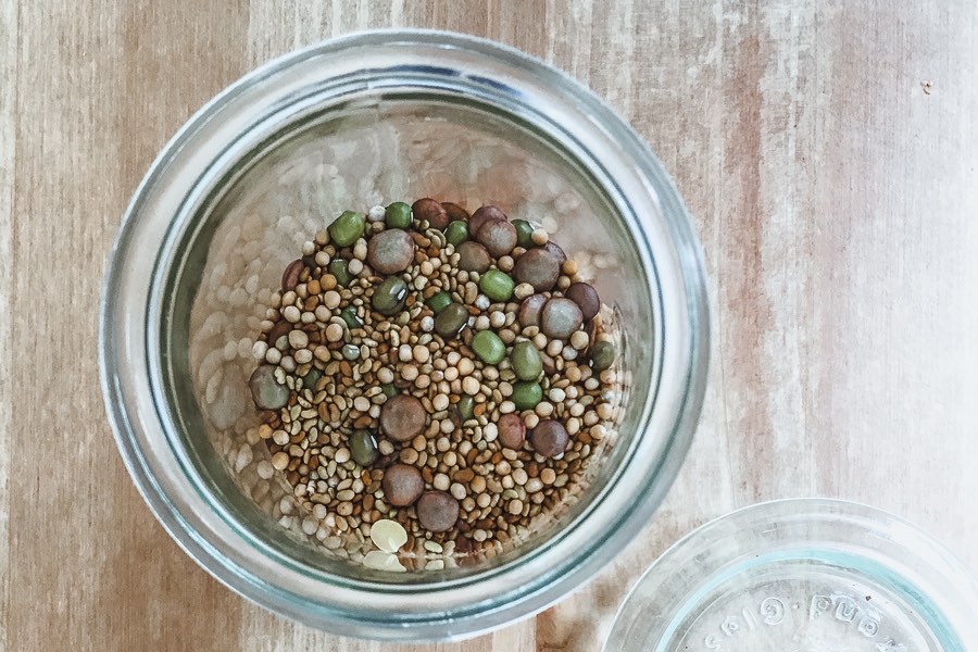 Ein Glas mit samenfestem Saatgut: Senfkörner, Linsen und Mungbohnen